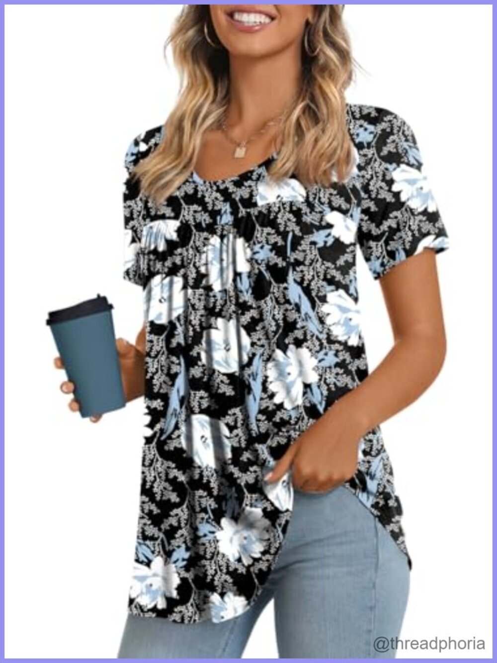 Womens Tunic Top Pleated Front Round Neck Short Sleeve Summer Casual Shirt